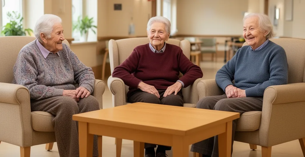 Trois seniors discutant dans un espace commun lumineux avec vue sur jardin