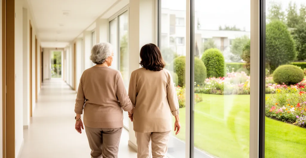 Senior et sa fille marchant dans le couloir lumineux d'une résidence