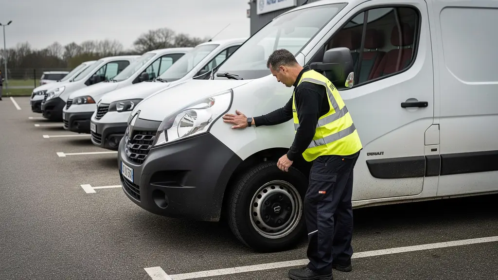 Technicien inspectant les véhicules d'une flotte professionnelle sur un parking d'entreprise