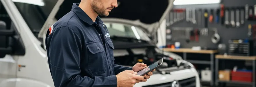 Technicien inspectant un véhicule utilitaire de flotte professionnelle dans un atelier