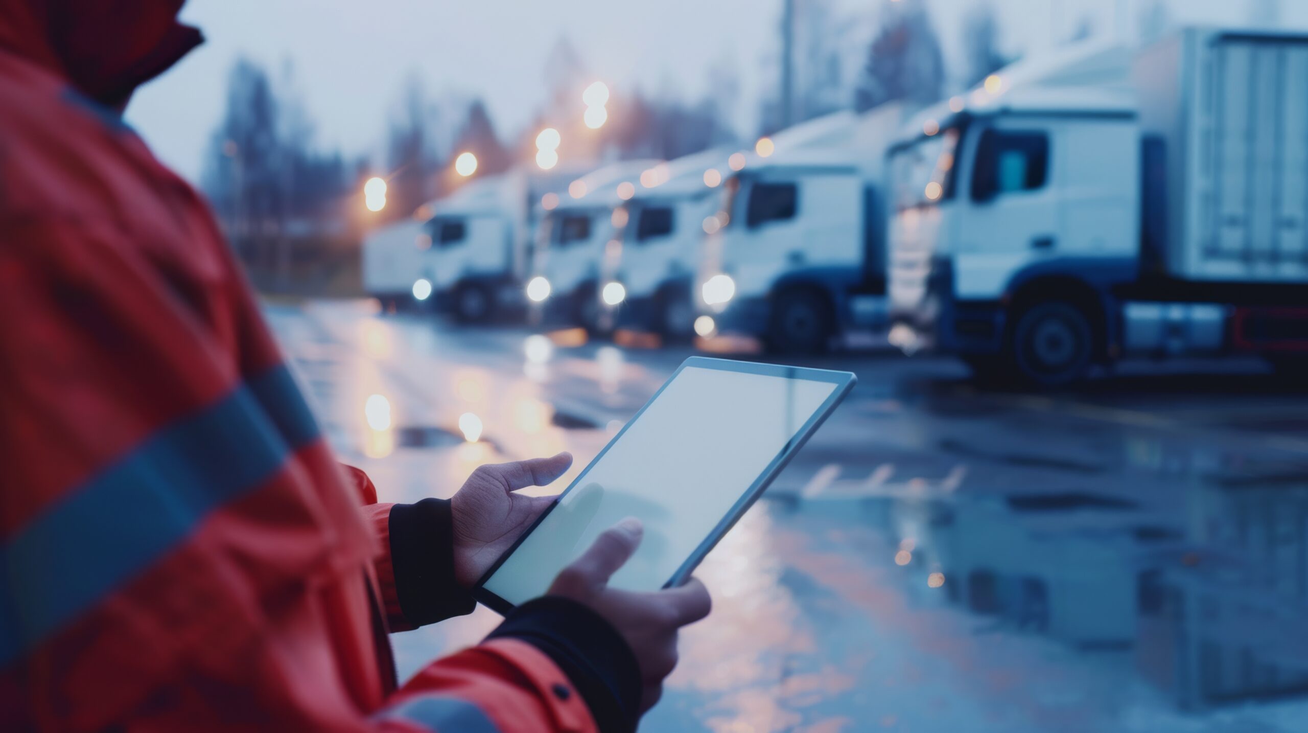 Technicien inspectant les véhicules d'une flotte professionnelle sur un parking d'entreprise