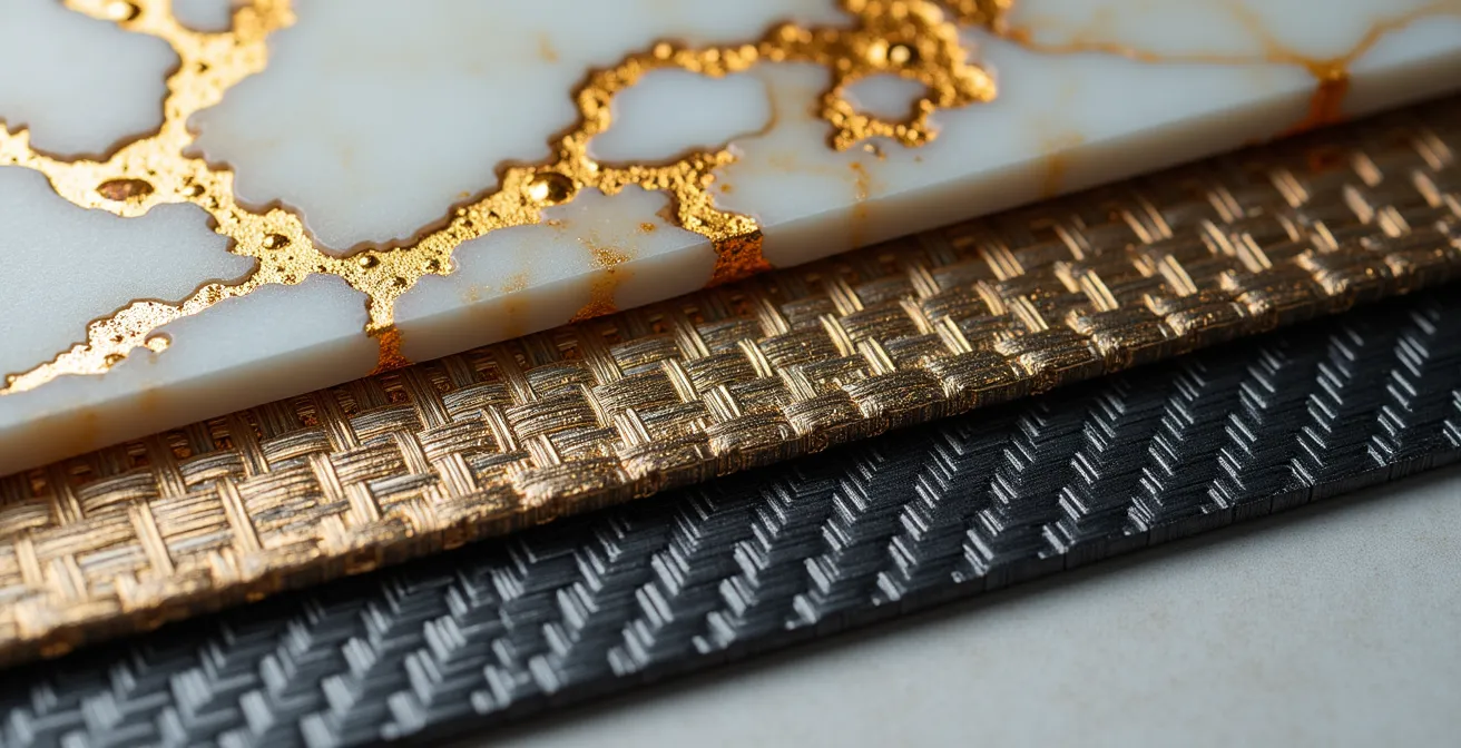 Composition macro photographique montrant différentes textures représentant les classes d'actifs : marbre poli (SCPI), fibre de carbone (ETF) et papier mat (Fonds en euros).