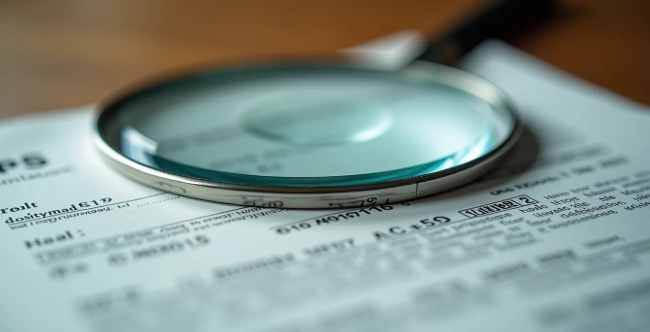 Vue macro d'un document d'assurance avec une loupe révélant les détails importants des garanties