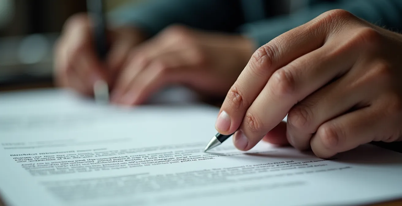 Artisan concentré examinant minutieusement un contrat dans un bureau bien éclairé