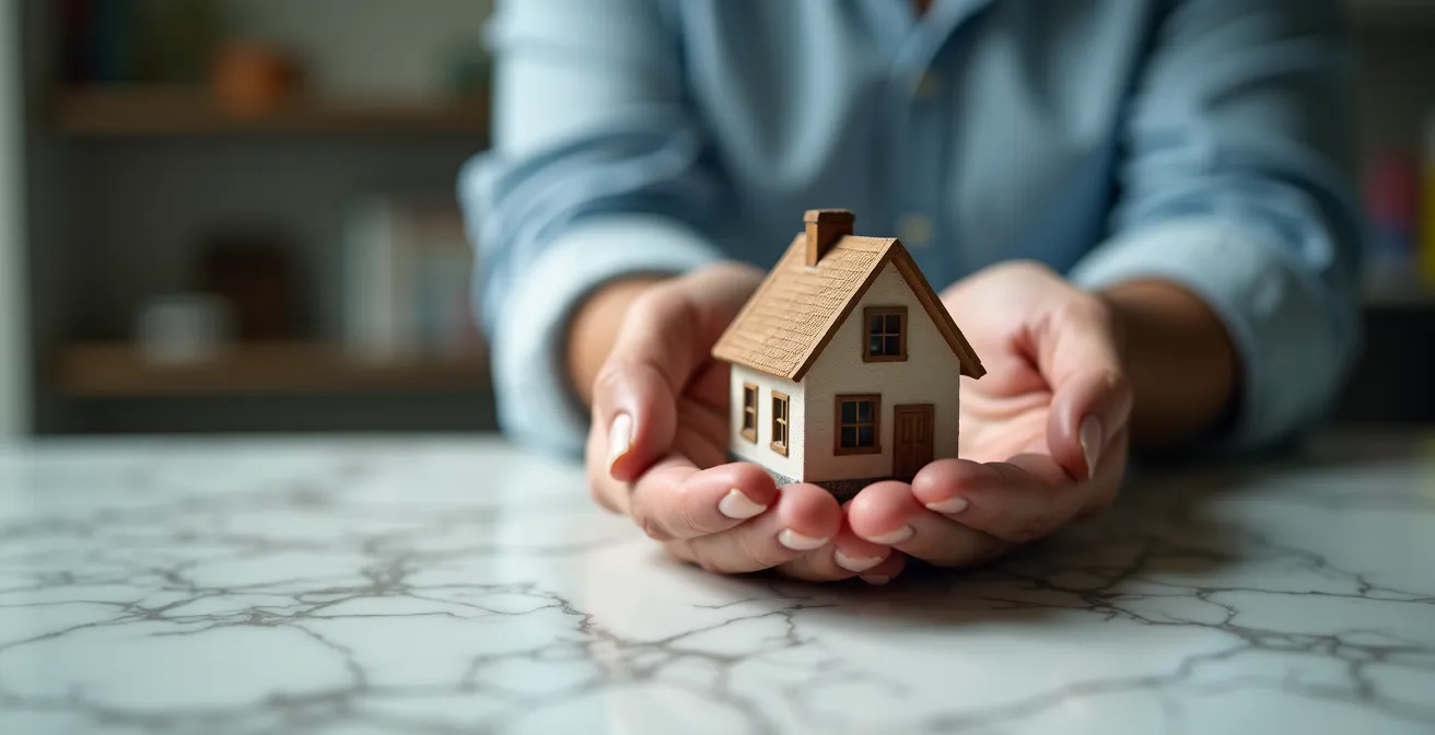Mains protégeant une maison miniature avec documents financiers en arrière-plan