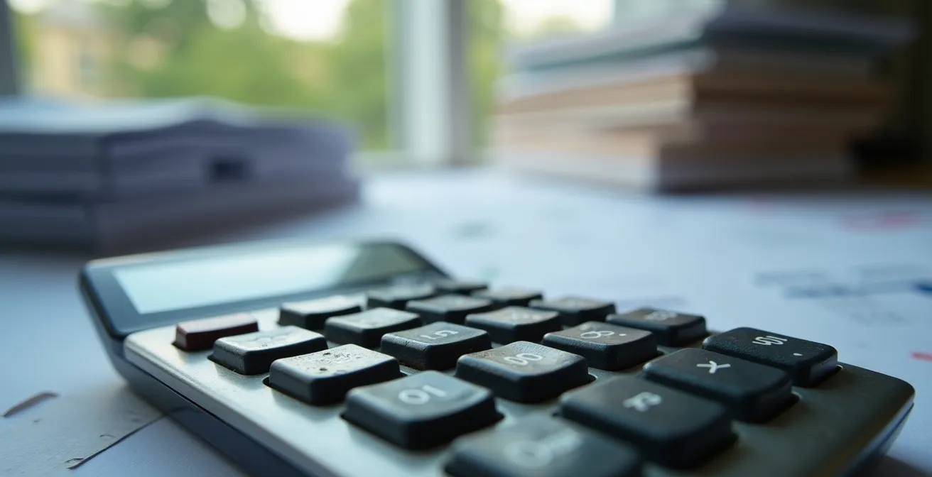 Bureau d'artisan avec calculatrice et documents comptables flous