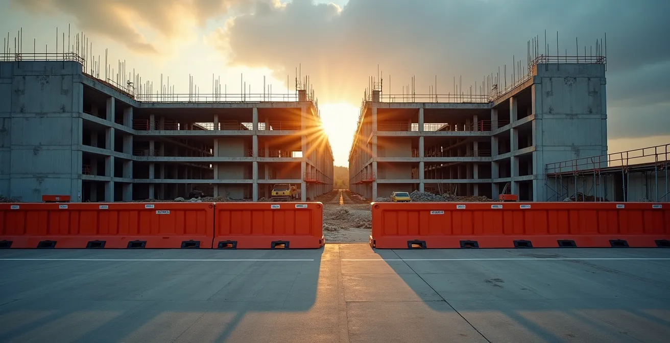 Chantier de construction à l'arrêt avec barrières de sécurité dans une ambiance sombre