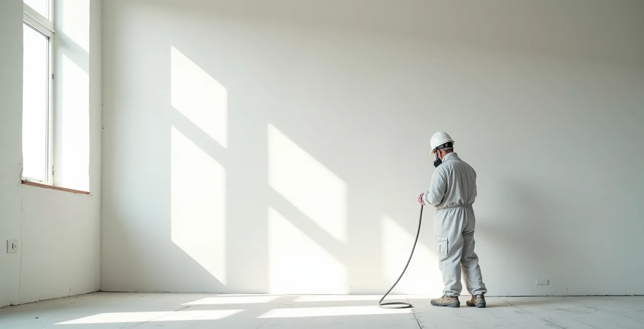 Ouvrier avec équipement de protection sur un chantier de peinture