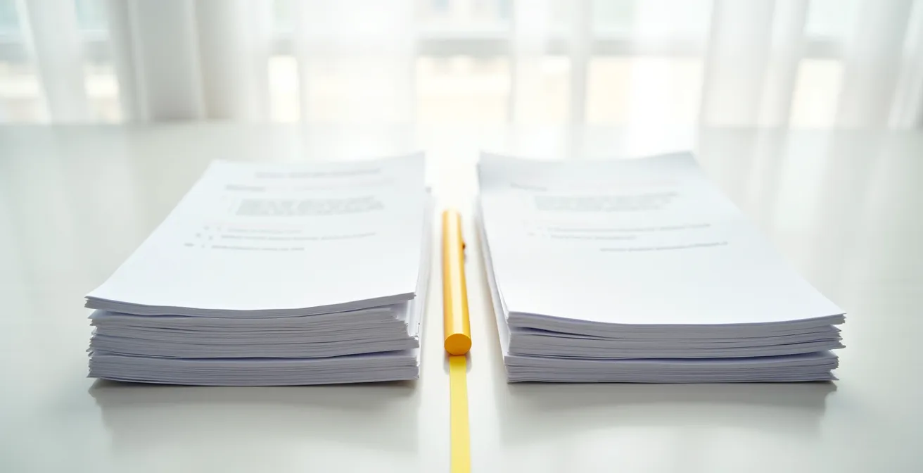 Deux fiches standardisées d'information posées côte à côte sur un bureau avec un surligneur, symbolisant la comparaison des garanties.