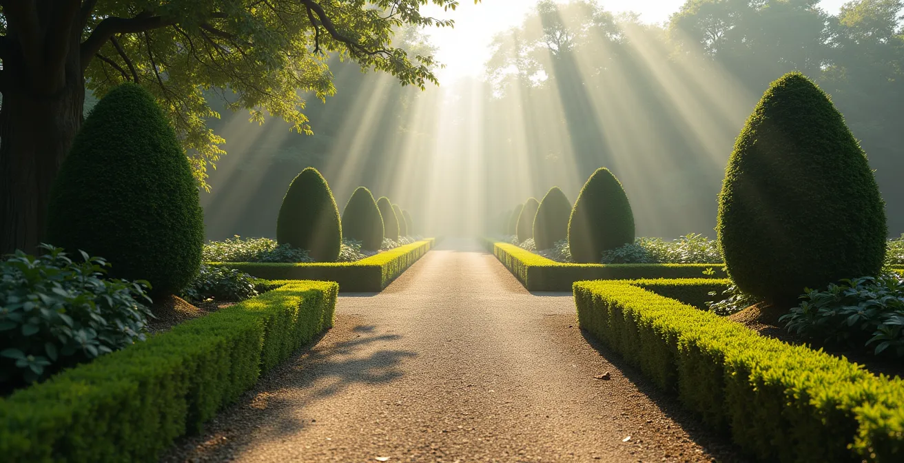 Métaphore visuelle de deux chemins divergents dans un parc français, l'un droit et pavé, l'autre sinueux.