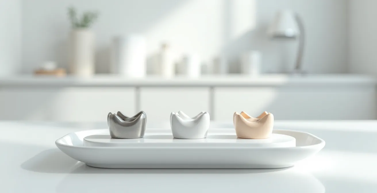Composition artistique montrant différents matériaux de couronnes dentaires