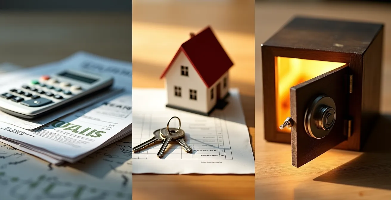 Composition symbolique montrant trois chemins d'investissement pour la retraite avec des éléments représentatifs du PER, de l'immobilier et de l'assurance vie.