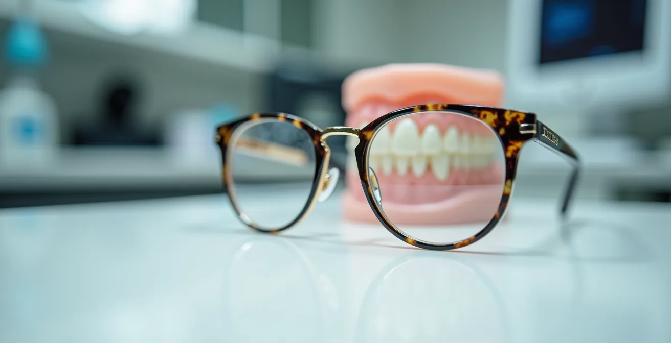 Gros plan sur des lunettes design et un modèle dentaire sur bureau médical