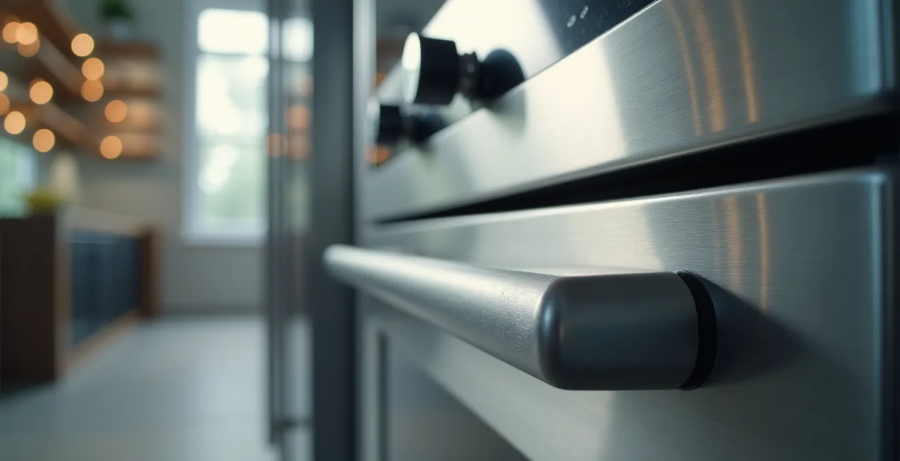 Gros plan sur électroménager moderne avec textures métalliques brillantes