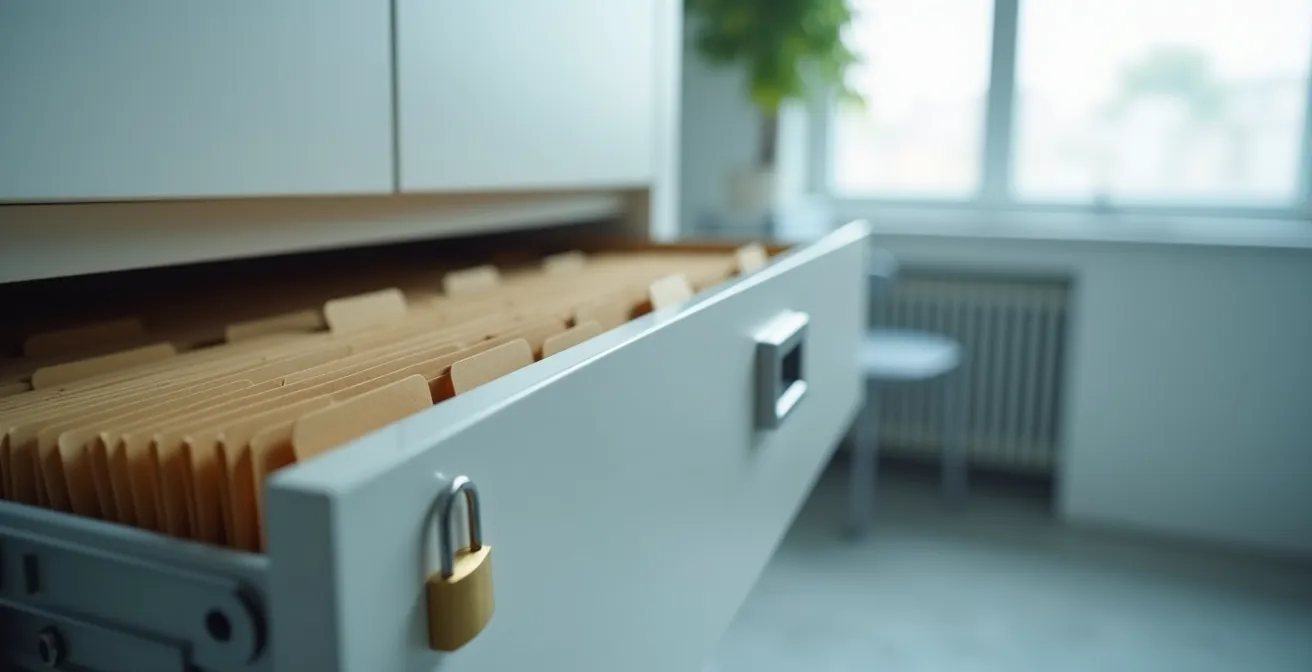 Un dossier médical fermé dans un tiroir avec un cadenas, symbolisant la confidentialité et la protection des données de santé grâce au droit à l'oubli.