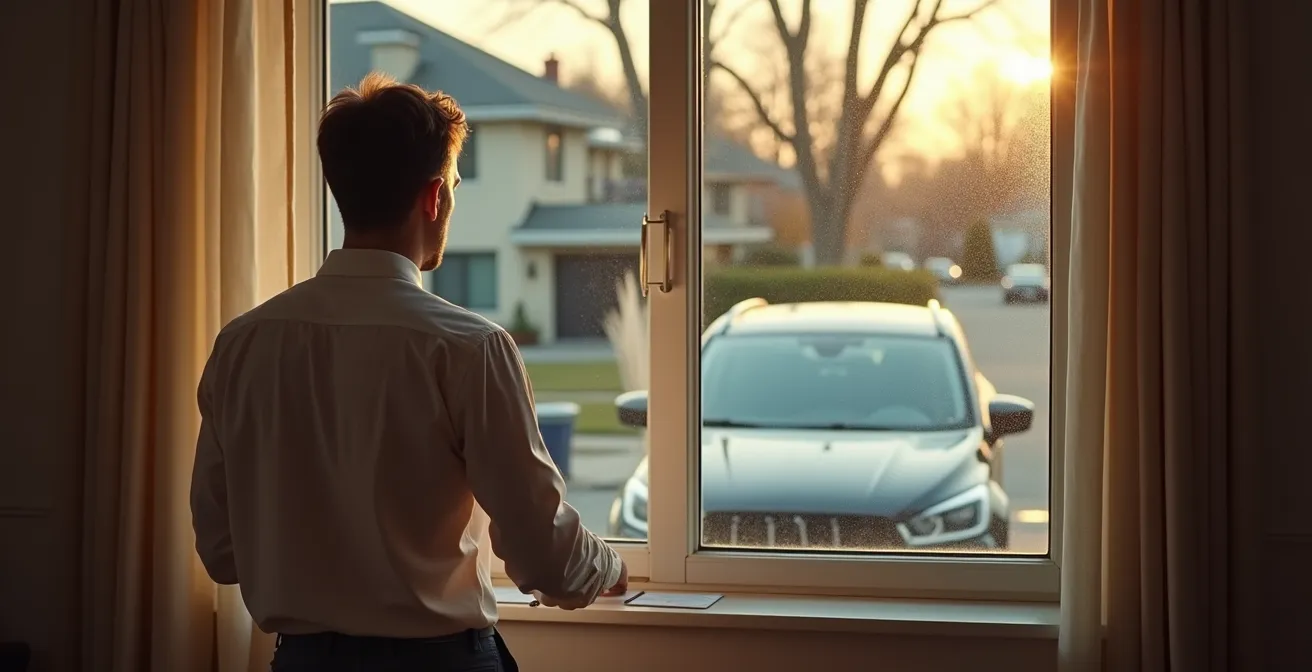 Comparaison visuelle des économies avec assurance au kilomètre, montrant une voiture garée et une personne en télétravail
