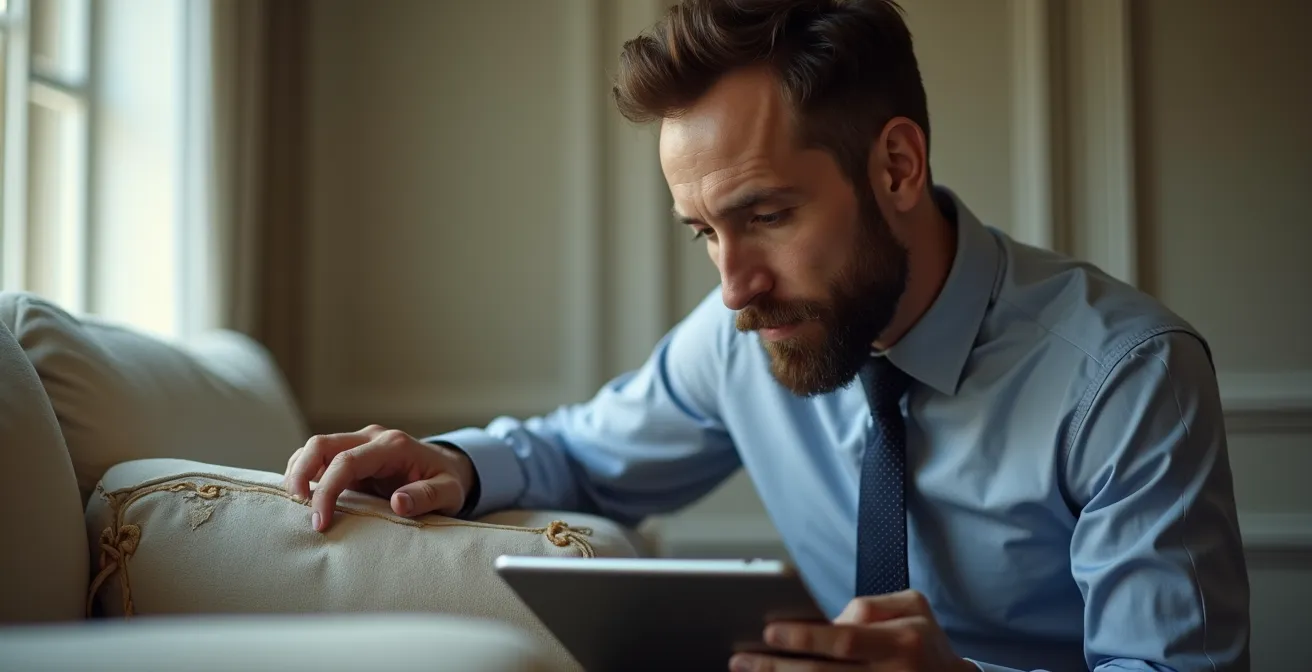 Expert d'assuré évaluant des meubles endommagés dans un salon après sinistre