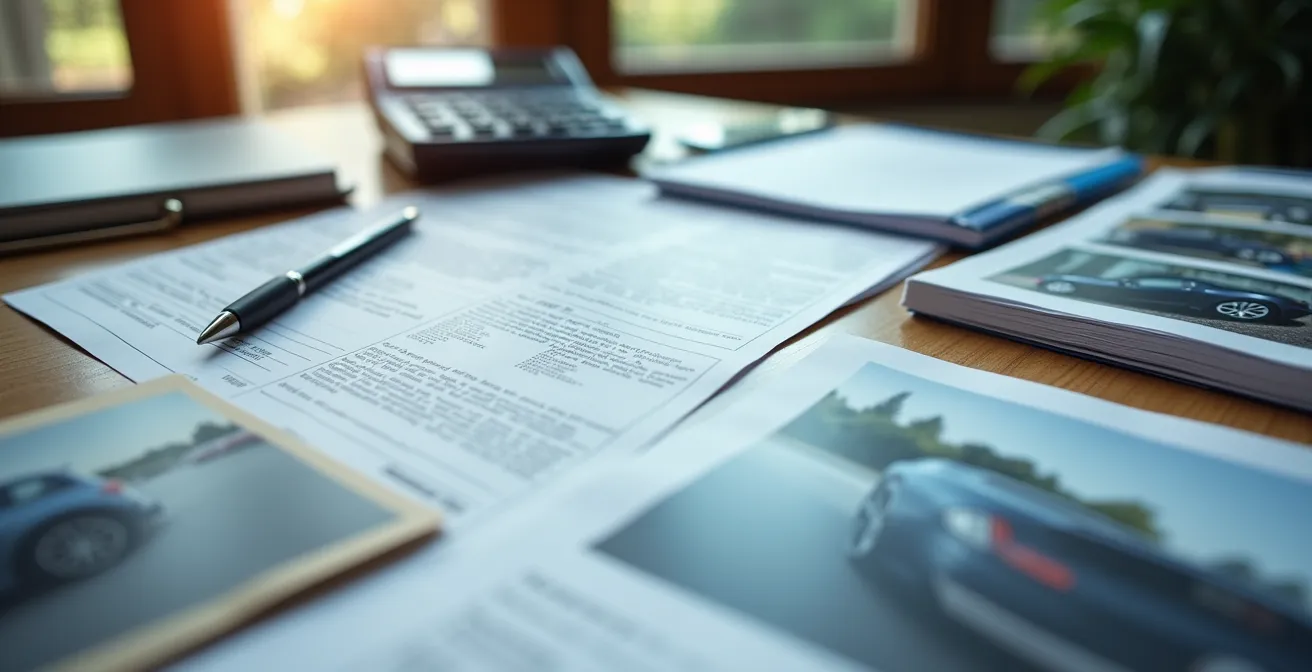 Gros plan sur un dossier automobile avec factures, carnet d'entretien et photos de véhicule étalés sur une table