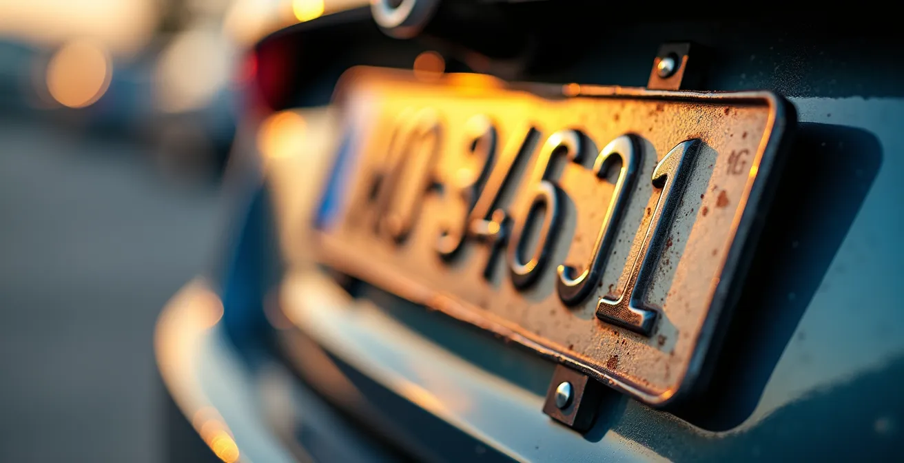 Gros plan sur une plaque d'immatriculation française avec reflets métalliques