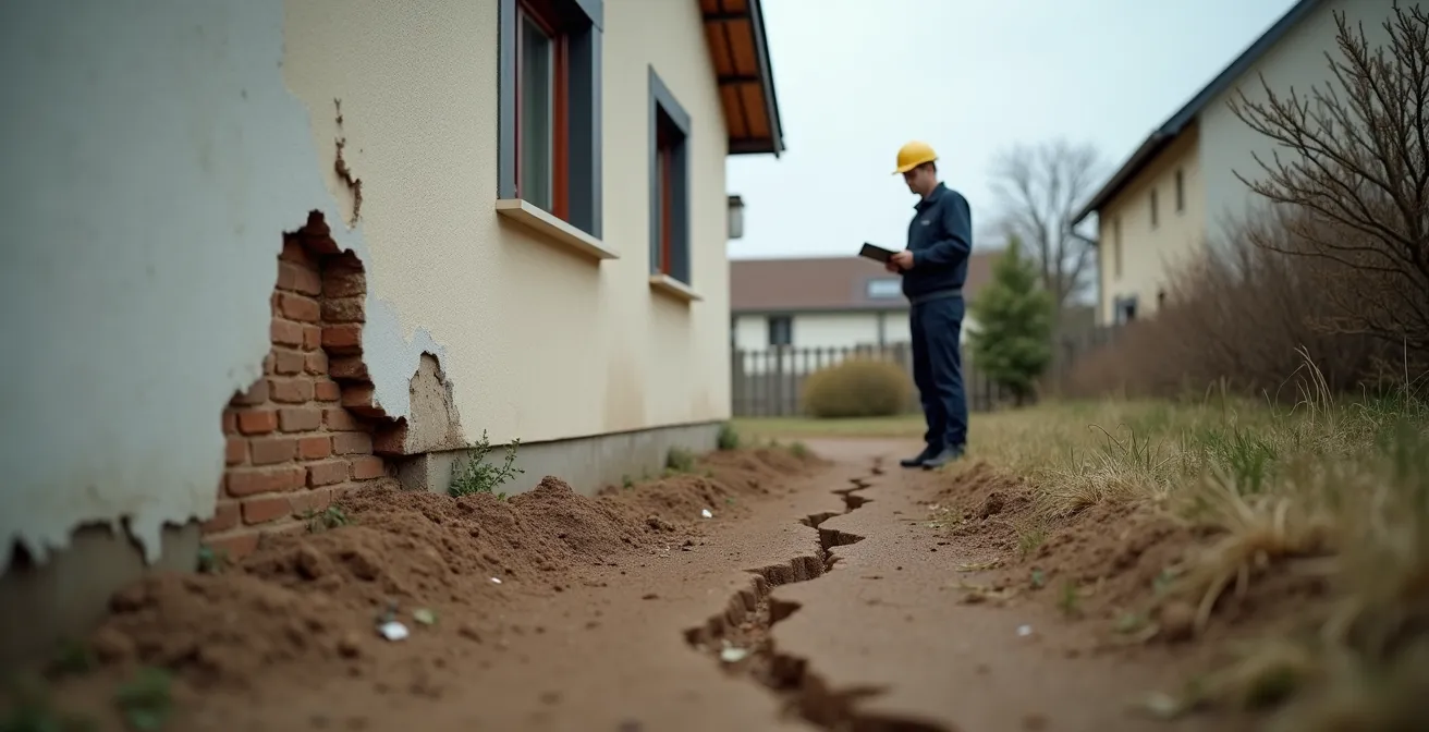 Expert évaluant des fissures sur un mur extérieur causées par la sécheresse