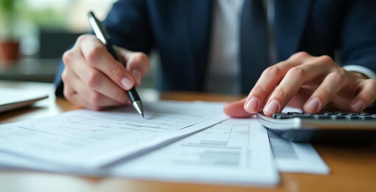 Gros plan sur des mains remplissant un formulaire avec calculatrice et documents financiers