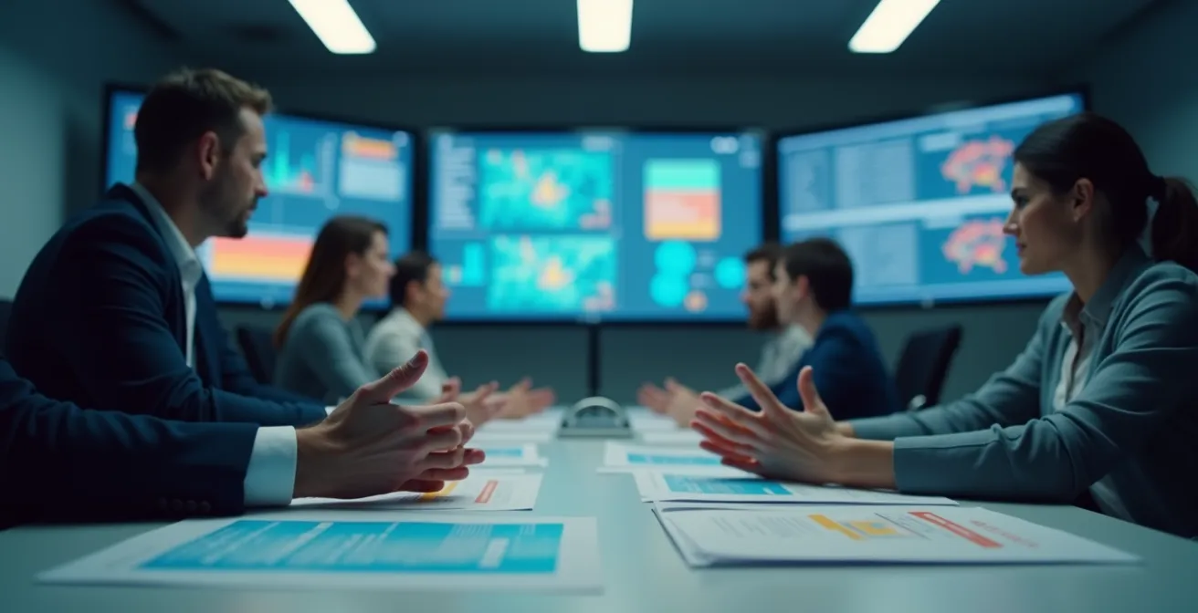 Salle de gestion de crise moderne avec des écrans floutés symbolisant la propagation rapide d'une information négative.