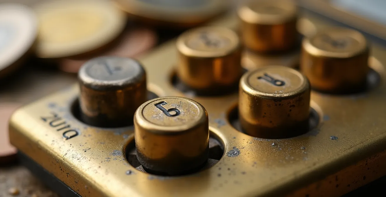 Visualisation macro de pièces de monnaie de tailles décroissantes sur une calculatrice, symbolisant l'érosion du pouvoir d'achat due à l'inflation.