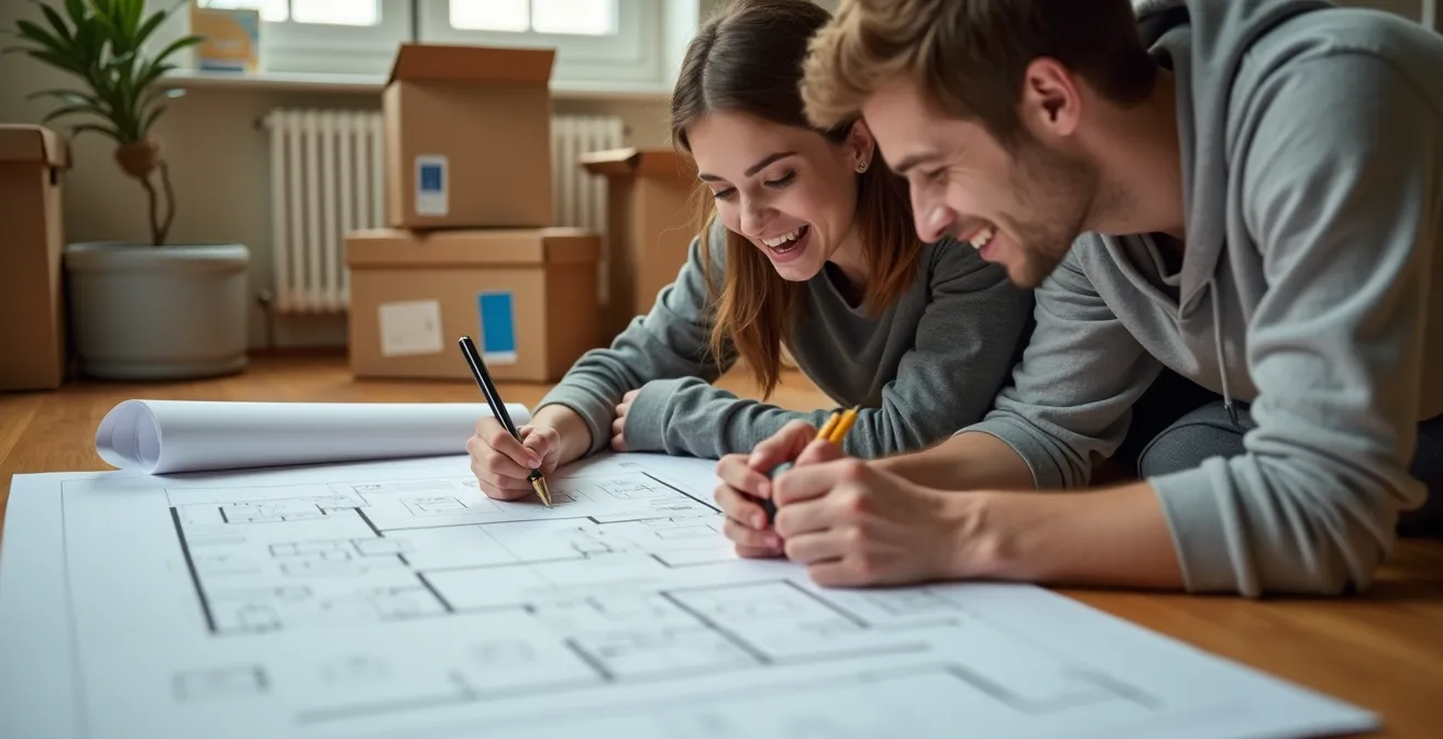 Couple examinant des plans architecturaux pour leur future résidence principale