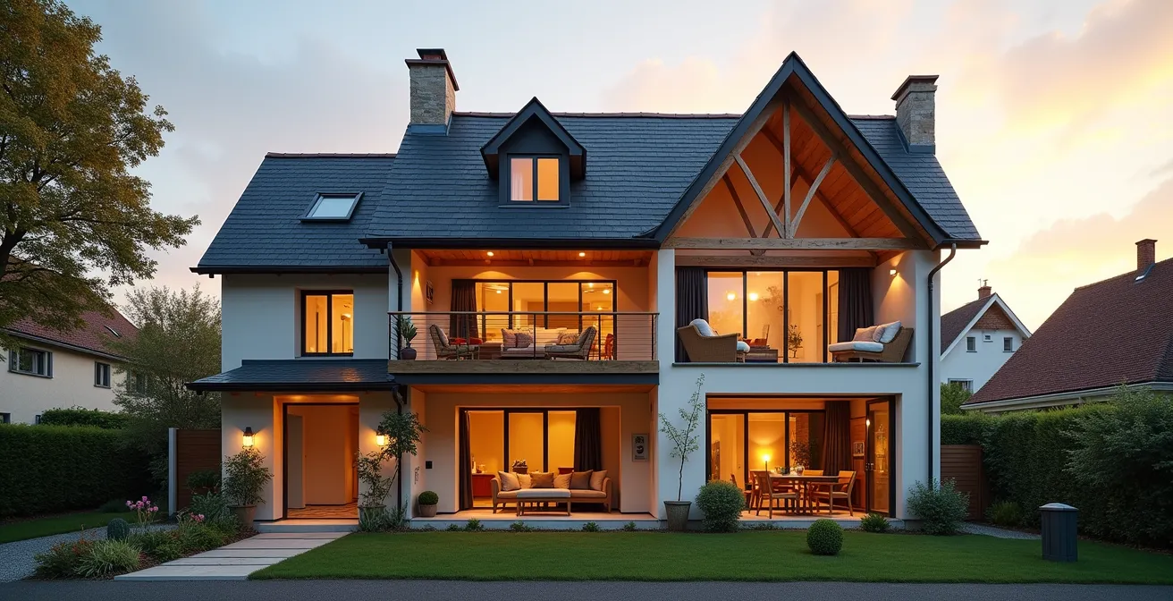 Vue en coupe d'une maison française montrant les combles aménagés