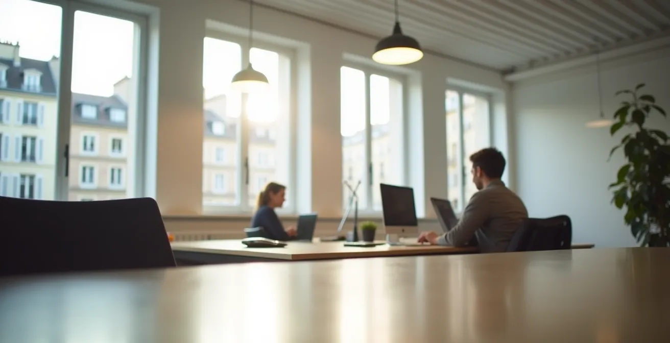 Micro-entrepreneur travaillant dans son espace de coworking moderne avec une ambiance sécurisée