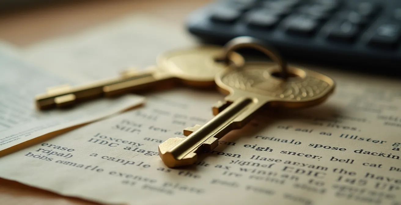 Clés de maison posées sur un contrat d'assurance vie, symbolisant le nantissement pour un crédit immobilier.