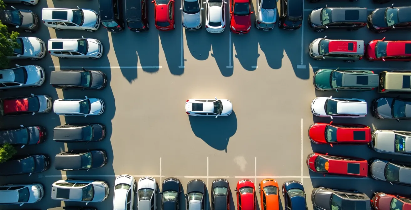 Vue aérienne d'un parking avec voitures stationnées et espace vide central suggérant un calcul financier