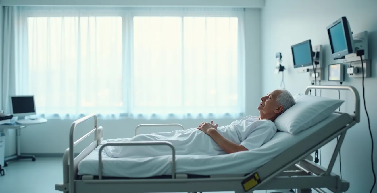 Patient senior dans une chambre d'hôpital moderne avec équipements médicaux en arrière-plan
