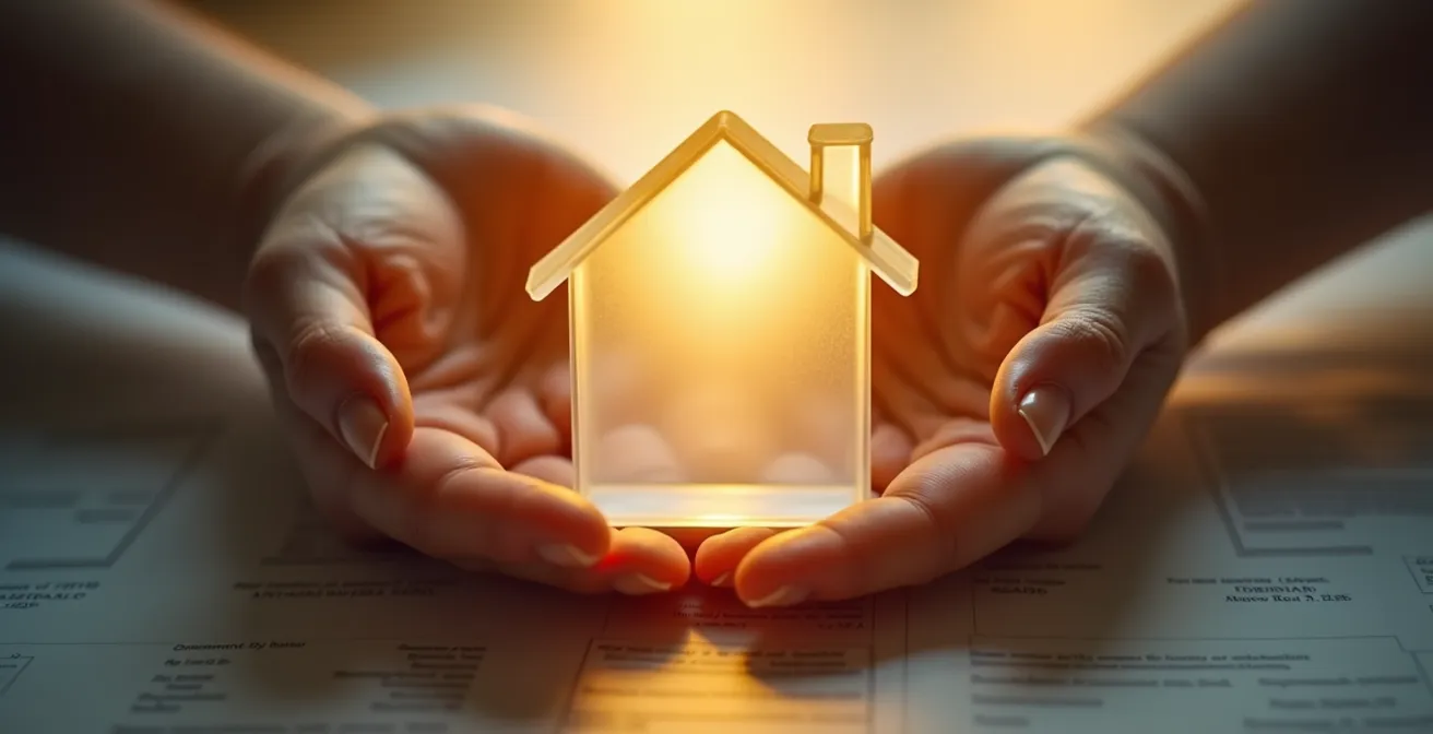 Mains protégeant symboliquement une maison miniature avec documents flous en arrière-plan