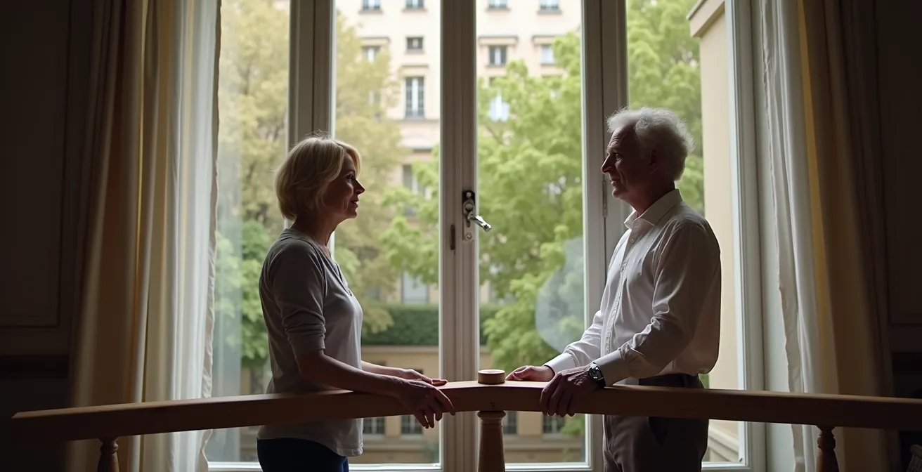 Couple équilibrant symboliquement leur protection d'assurance emprunteur