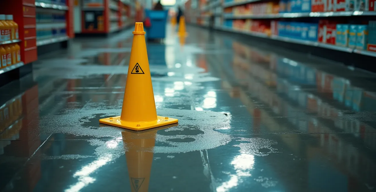 Vue d'ensemble d'un magasin français avec signalisation de sécurité et sol brillant après nettoyage