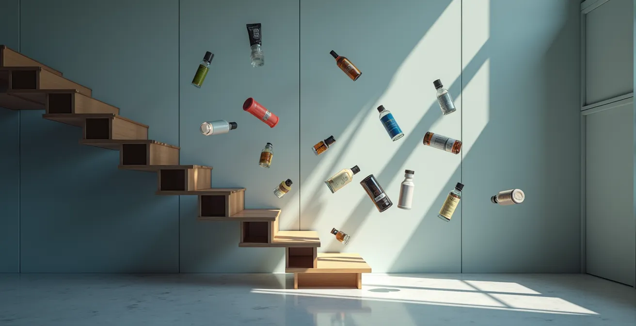 Métaphore visuelle de la responsabilité du gardien avec une étagère de magasin instable sur le point de tomber.