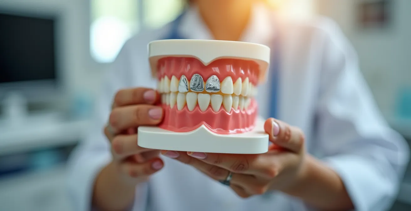 Modèle anatomique de mâchoire montrant les différents types de prothèses selon les zones