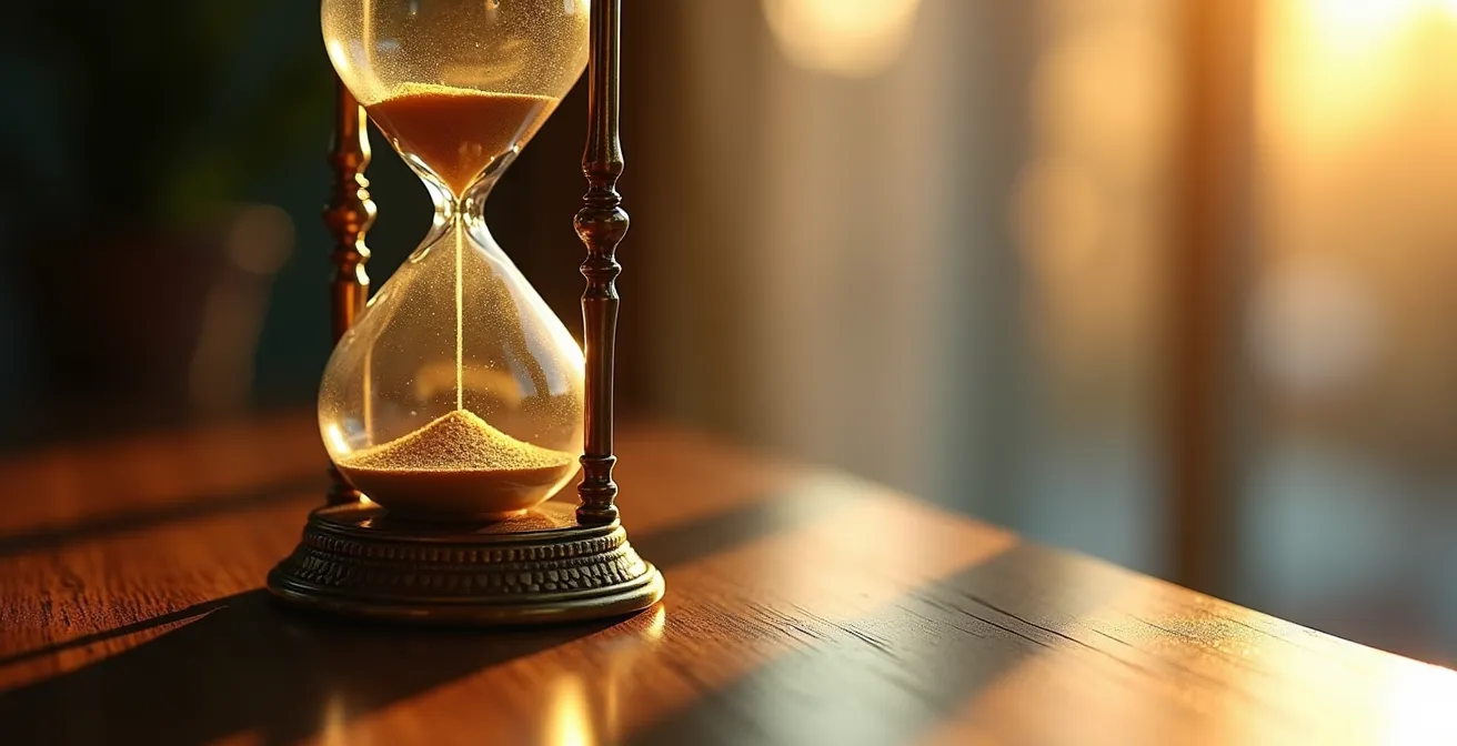 Sablier en verre sur un bureau avec une lumière dorée, symbolisant le temps qui s'écoule et la nécessité de planifier.