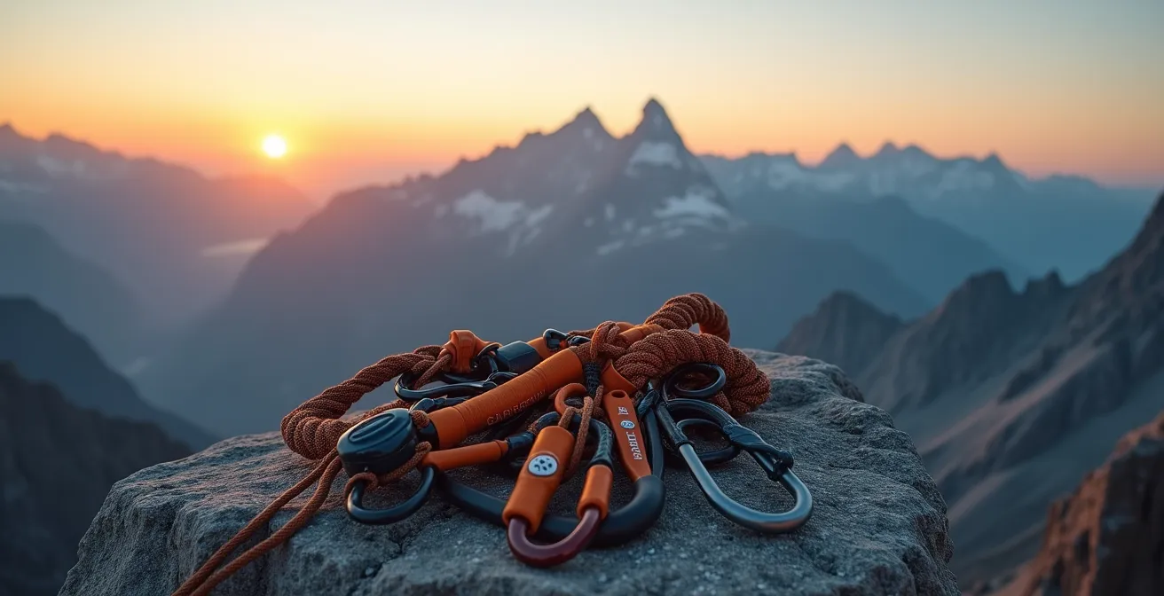 Vue panoramique d'un paysage de montagne avec équipement d'escalade au premier plan