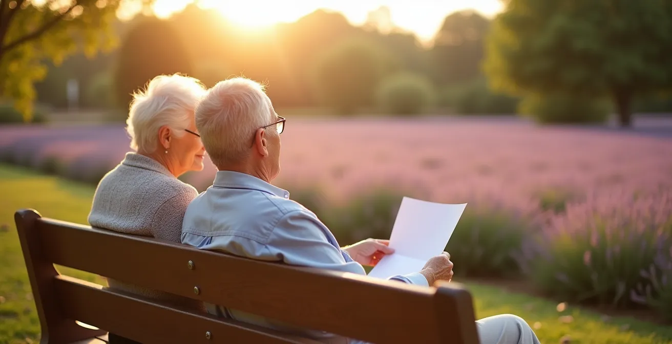 Couple senior dans jardin ensoleillé examinant ensemble des documents avec expressions sereines