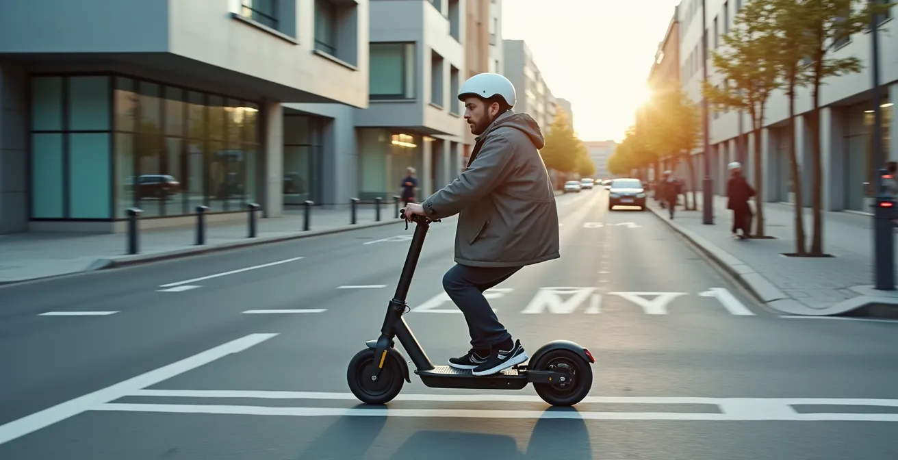 Utilisateur de trottinette électrique en milieu urbain français avec équipement de sécurité