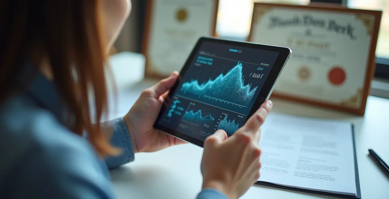 Personne consultant un registre officiel sur tablette avec documents administratifs