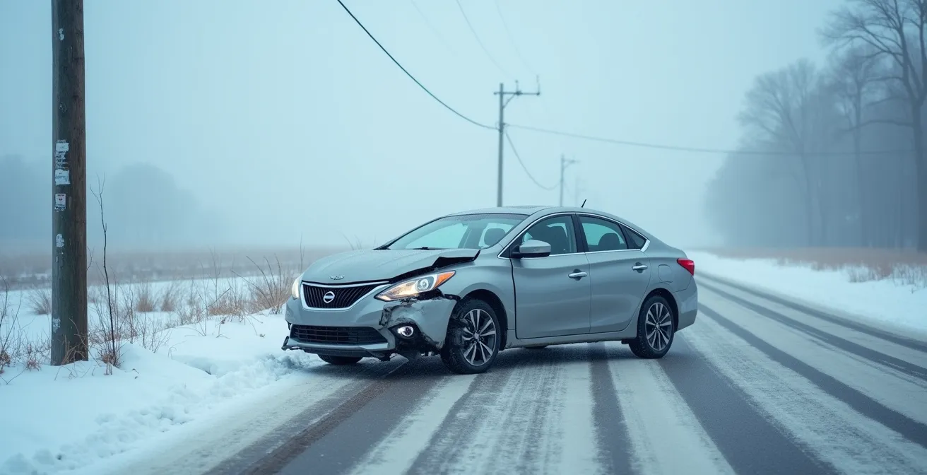 Voiture accidentée contre un poteau sur route verglacée en hiver
