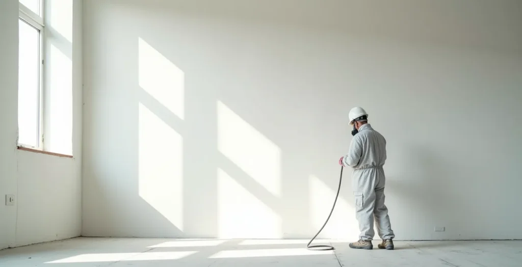 Ouvrier avec équipement de protection sur un chantier de peinture Ouvrier avec équipement de protection sur un chantier de peinture
